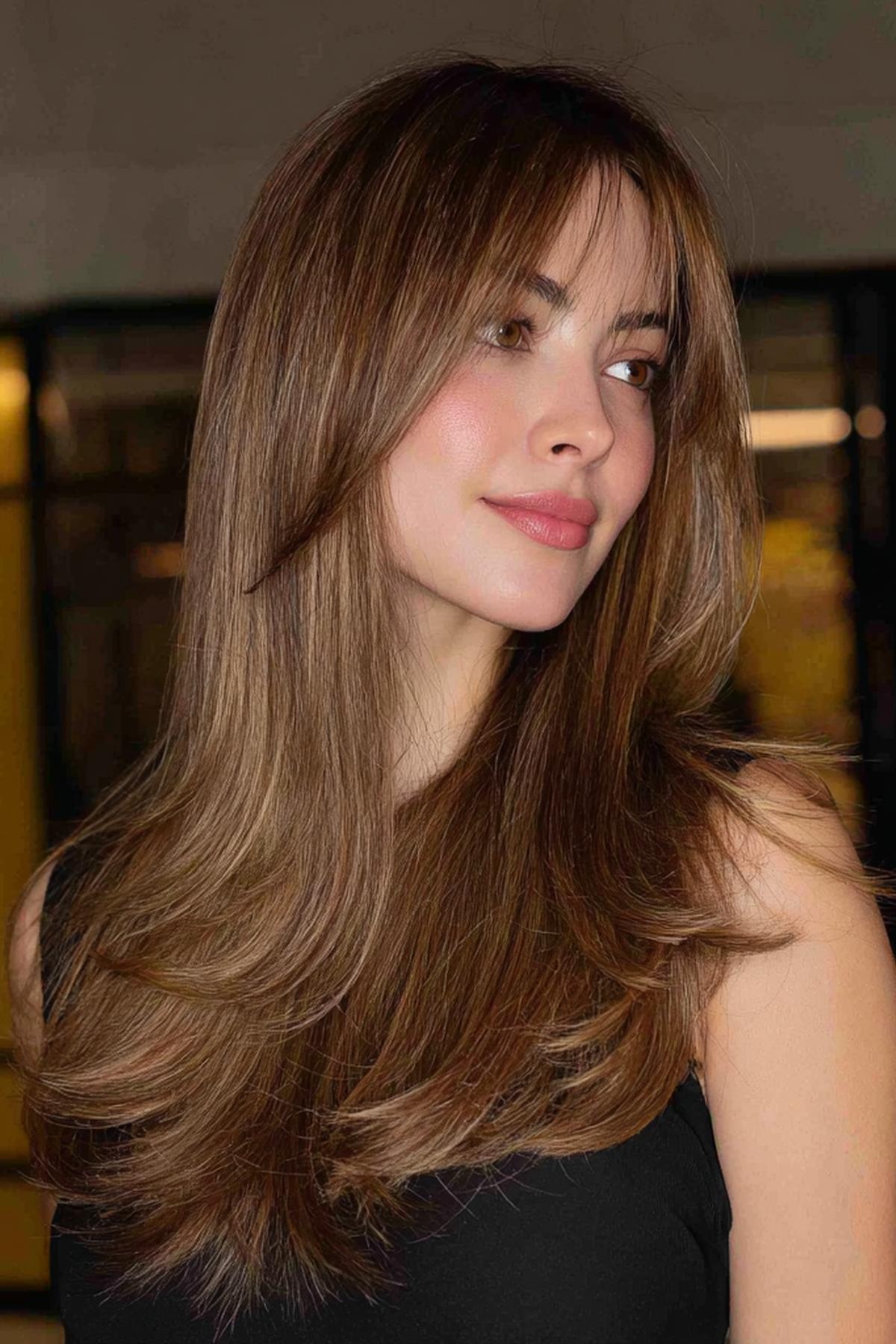 Mittellange Stufen mit Curtain Bangs