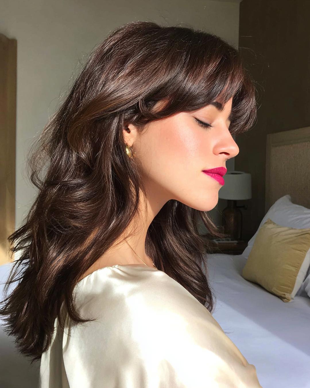 Dunkelbraune Wellen Mit Curtain Bangs