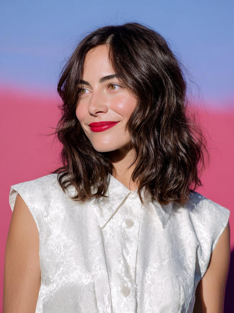 Mittellange Wellen Mittelscheitel Dunkelbraun