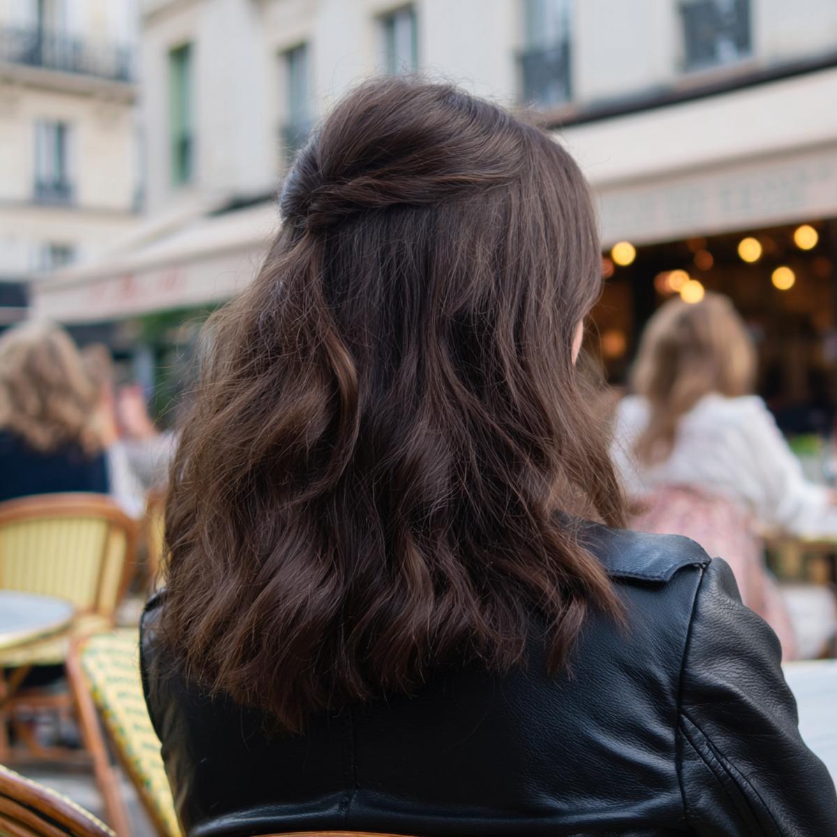 Dunkelbraune Wellen Halb Hochgesteckt