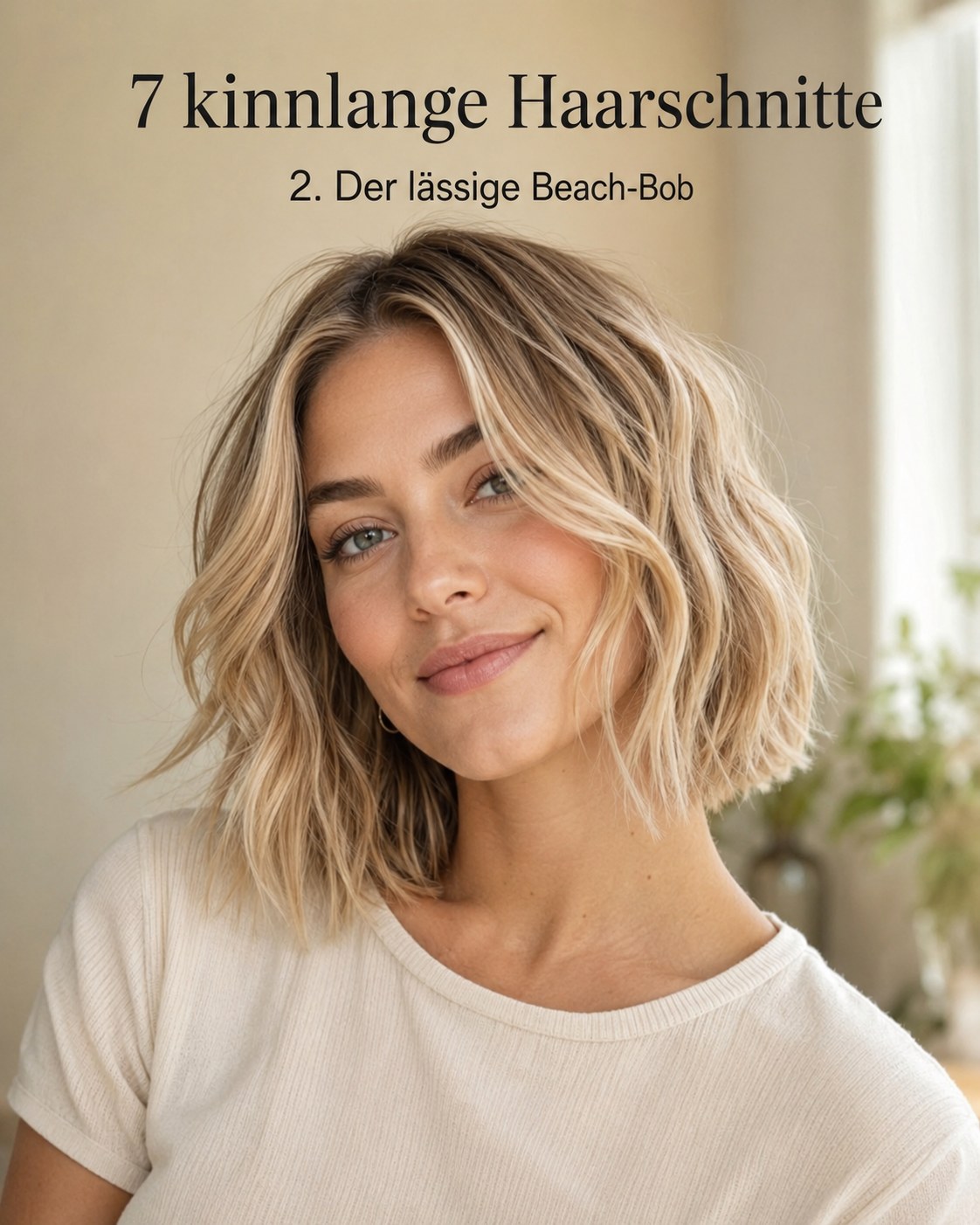Lässiger Beach-Bob als eine von 7 kinnlangen Haarschnitten mit natürlicher Textur
