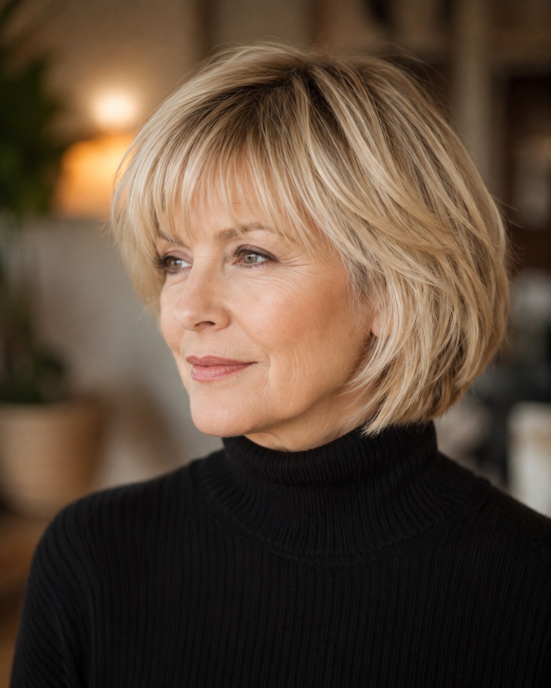 Klassischer layered Bob mit weichem seitlichem Pony in warmem Blond ab 50