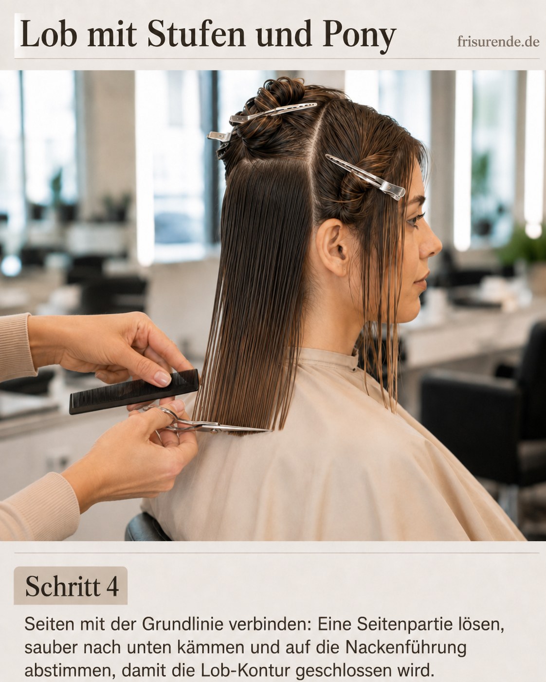 Die Seitenpartie wird beim Lob mit Stufen und Pony an die Nackenlinie angeglichen
