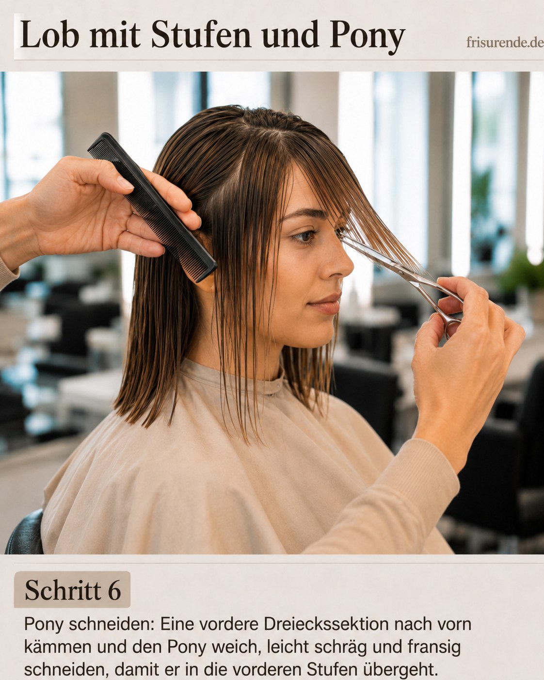Der Pony wird schräg und fransig geschnitten, damit er zum Lob mit Stufen und Pony passt