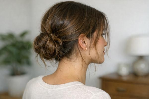 Lockerer tiefer Dutt bei feinem Haar mit sanften Gesichtskonturen