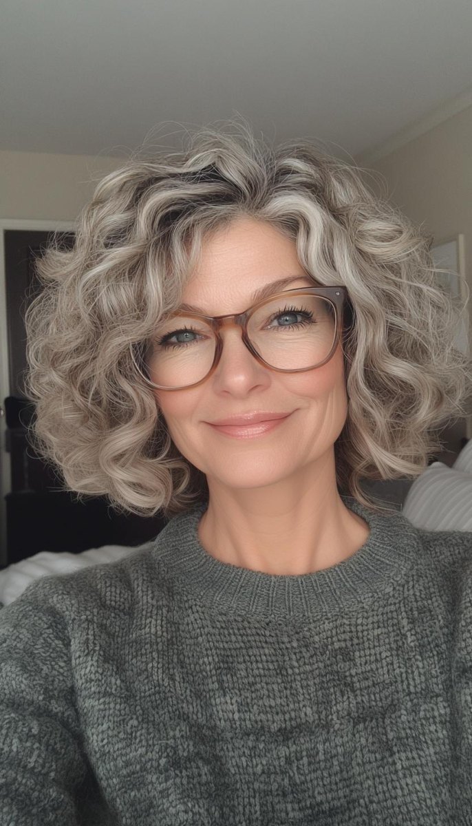 Lockiger Bob Frau mit Brille