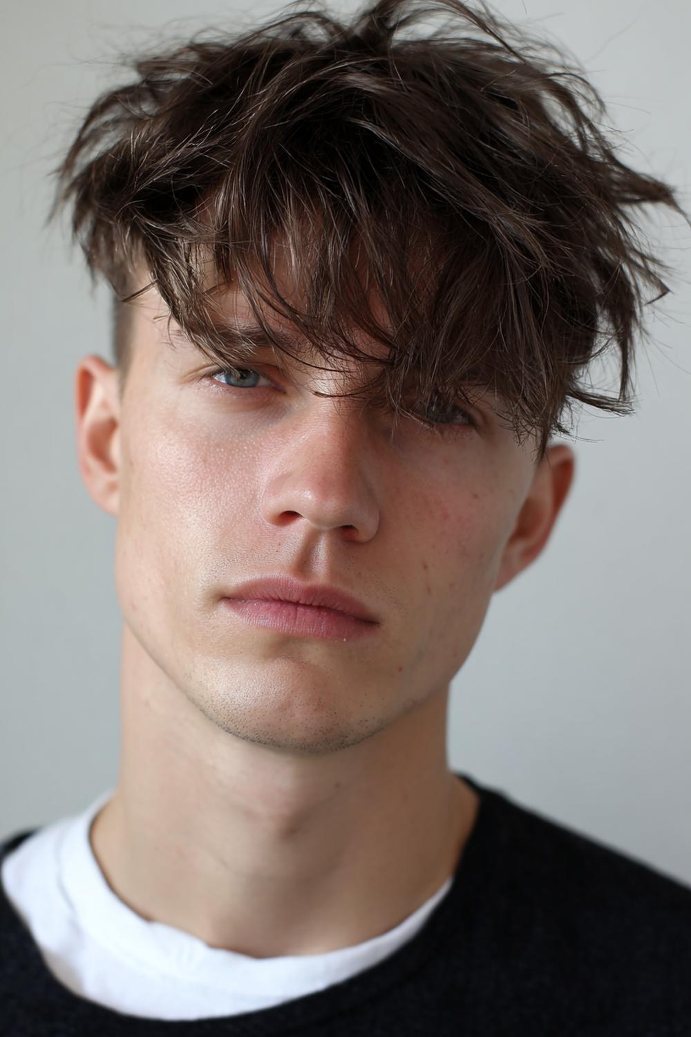 14. Männer Frisuren 2026: Messy Fringe mit texturiertem Pony und unsichtbarem Taper