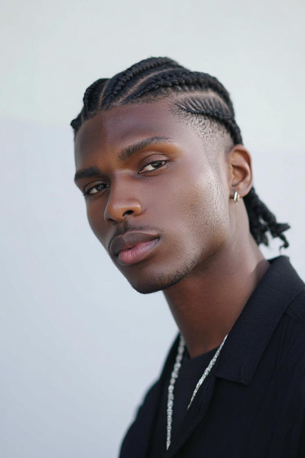 23. Männer Frisuren 2026: Cornrows mit symmetrischen Bahnen und cleanem Hairline-Frame