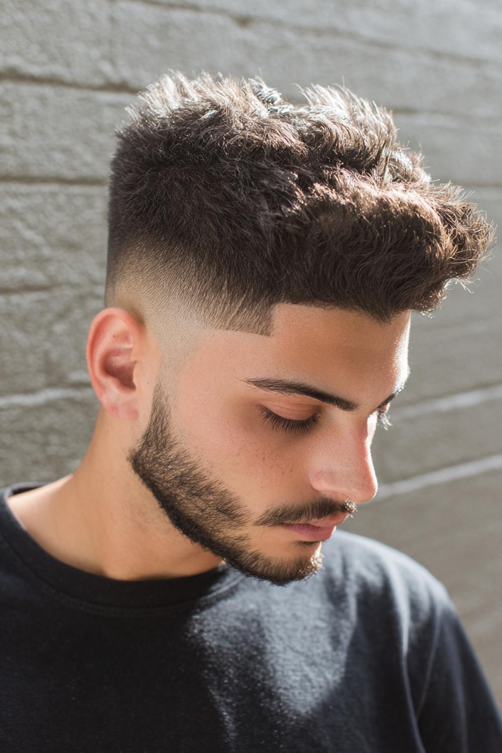 31. Männer Frisuren 2026: Burst Fade Mohawk mit runder Fade-Krone und texturiertem Kamm