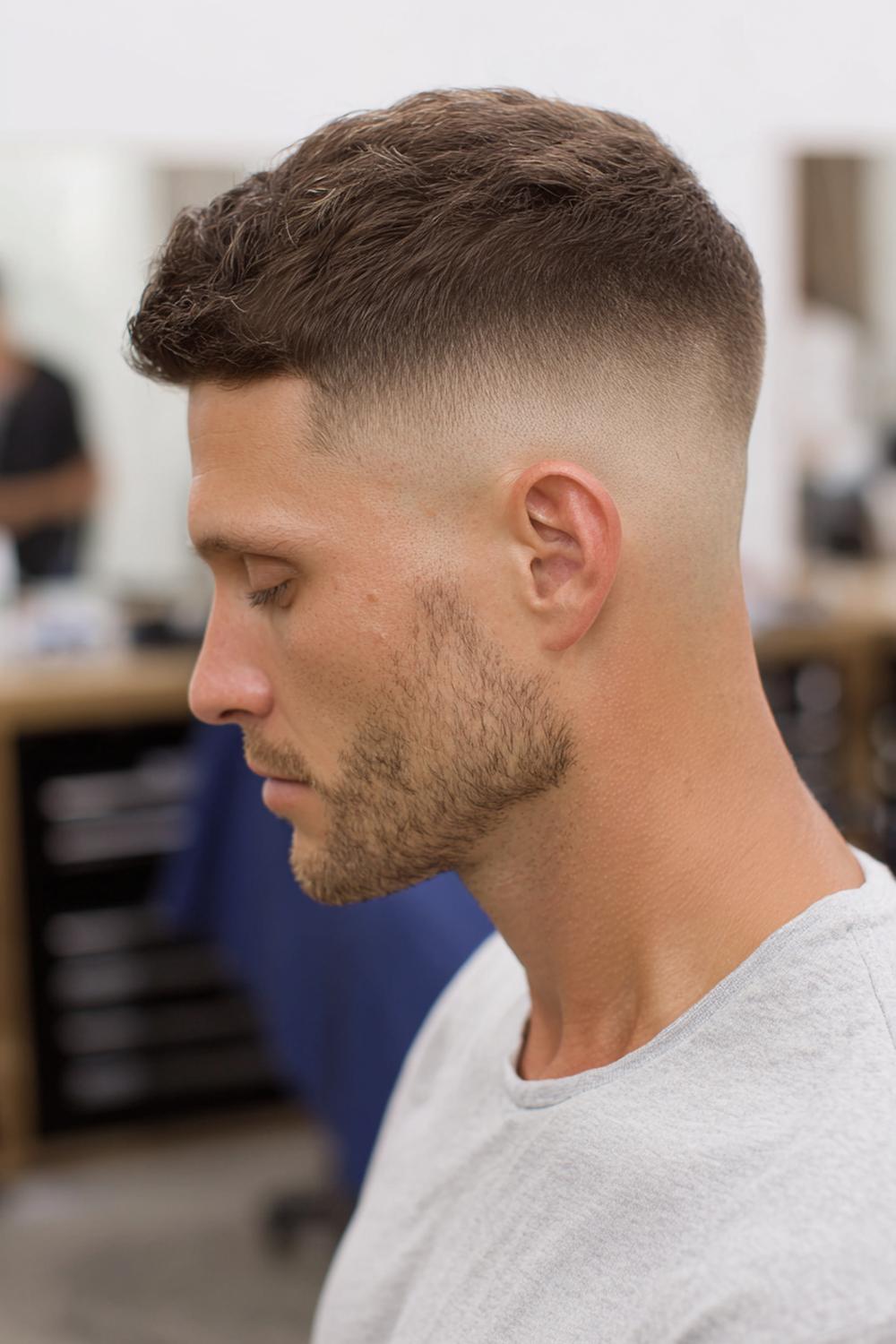 36. Männer Frisuren 2026: Bald Fade mit Stoppelbart-Kontrast und klarer Nackenlinie