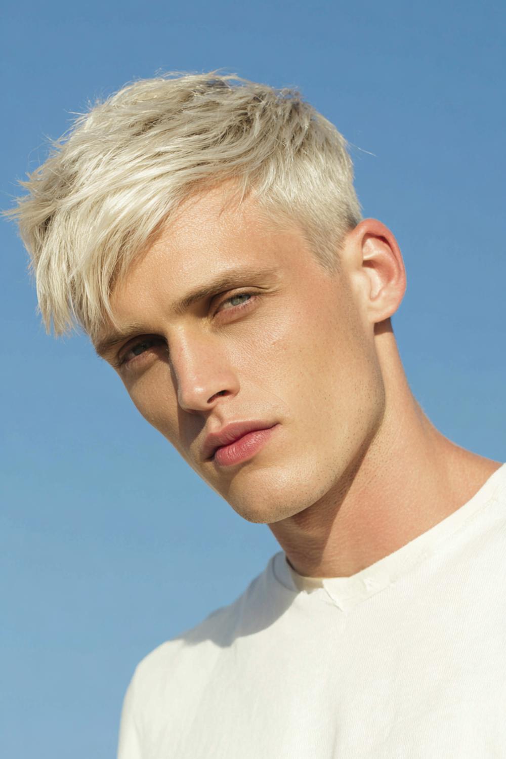 38. Männer Frisuren 2026: Platinum Crop mit kühlem Ton und strukturierter Oberfläche