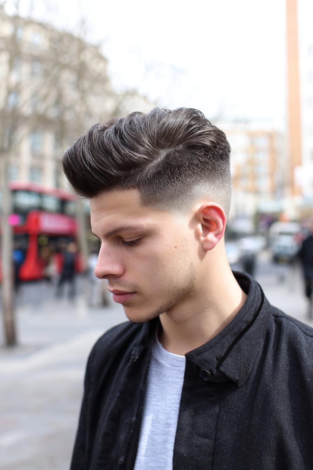 4. Männer Frisuren 2026: Modern Pompadour mit High-Fade und kühlem Satin-Finish