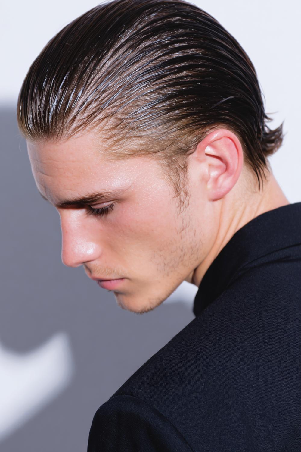 5. Männer Frisuren 2026: Slick Back Undercut mit klarer Trennlinie und Glanz-Gel