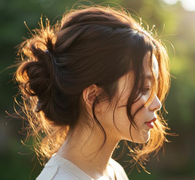 Brauner Messy Bun mit dünnem, unauffälligem Haargummi