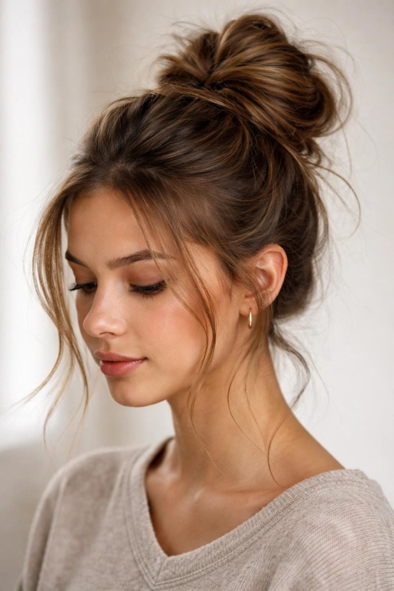 Luftiger Messy Bun für feines braunes Haar