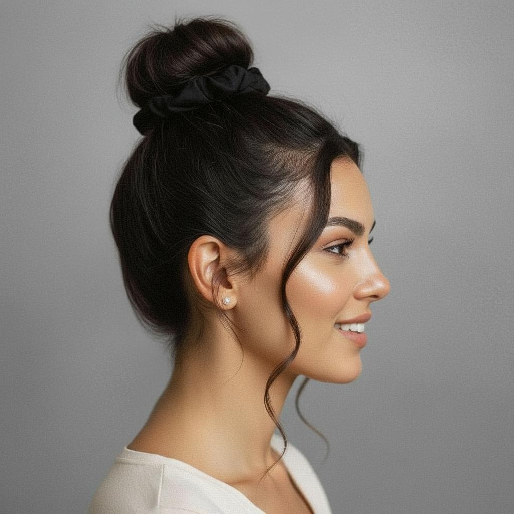 Brauner Messy Bun mit schwarzem Satin-Scrunchie
