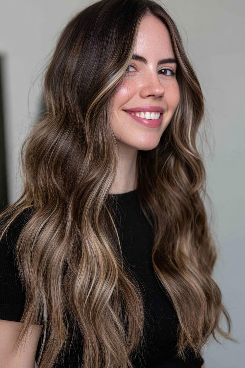 24. Moderne Haar Looks 2026: Smoky Bronde mit Geldstück-Highlights und Soft Waves