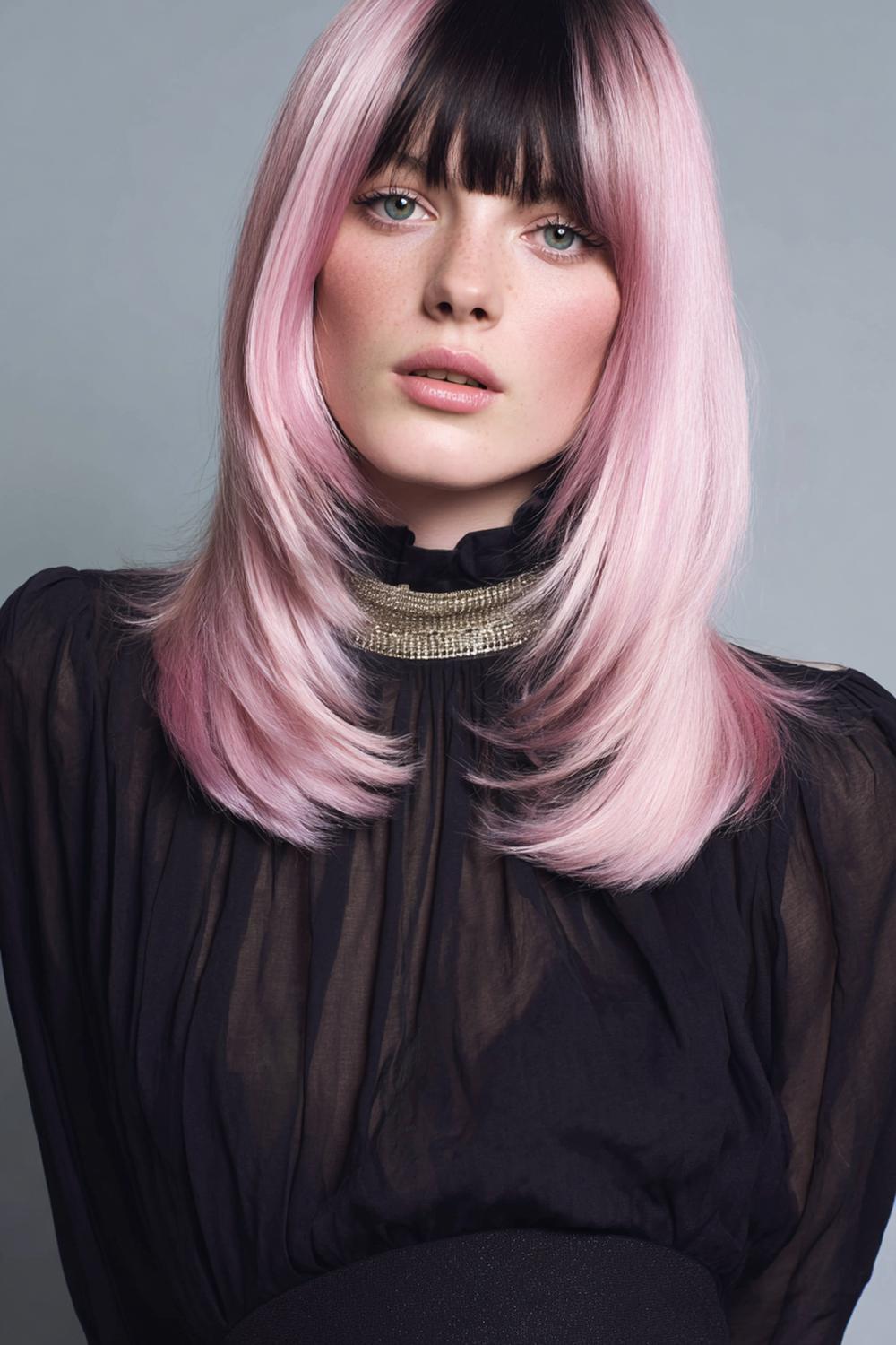 25. Moderne Haar Looks 2026: Pastell-Rosé Overlay mit dunkler Basis und Satin-Glanz