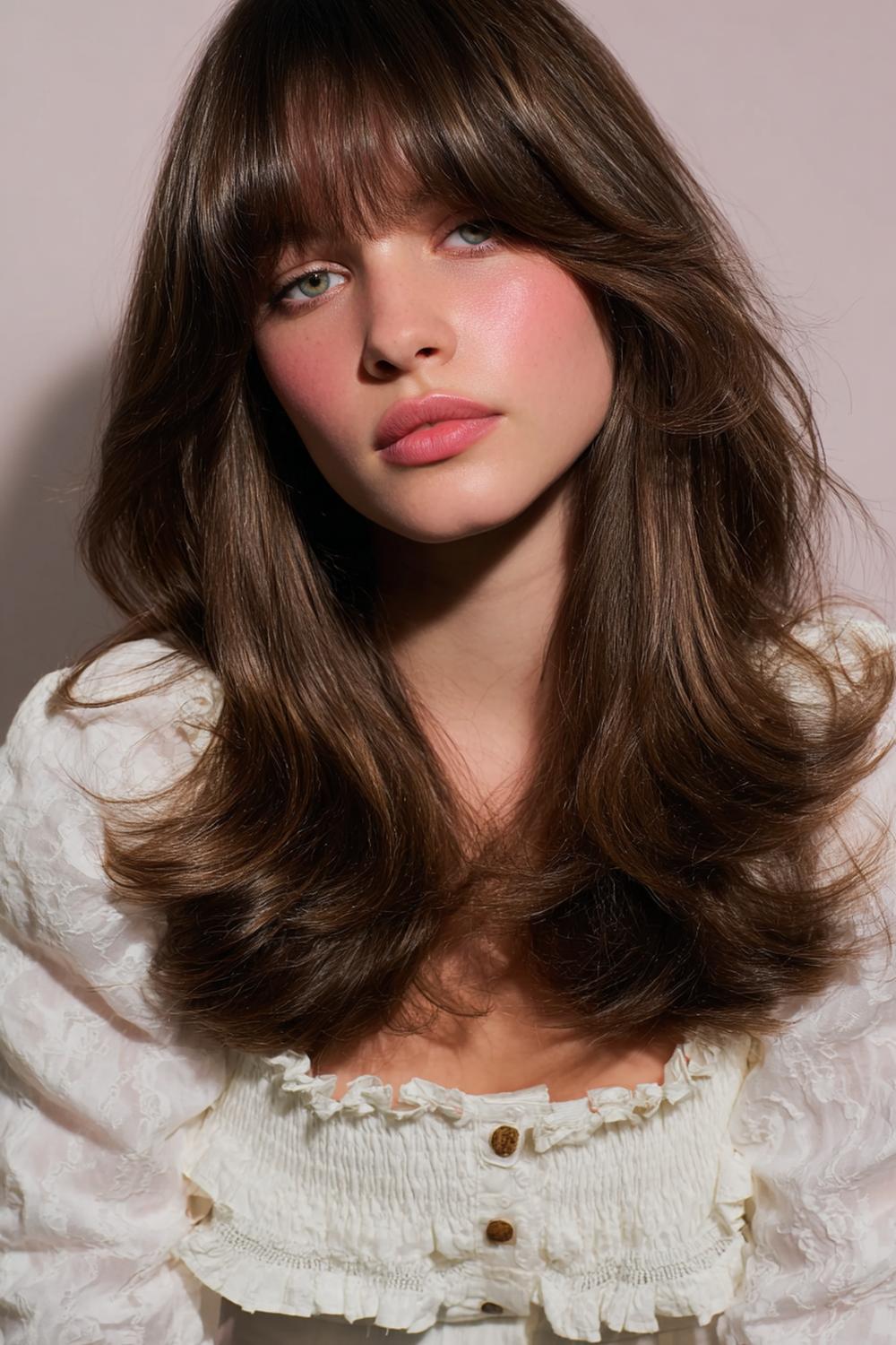 4. Moderne Haar Looks 2026: Curtain Bangs mit langen Stufen und Blowout-Volumen