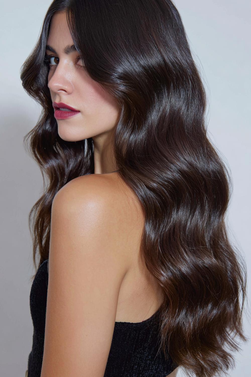 20. Neue Frisuren 2026: Side Bangs mit glänzenden Wellen und Tiefe