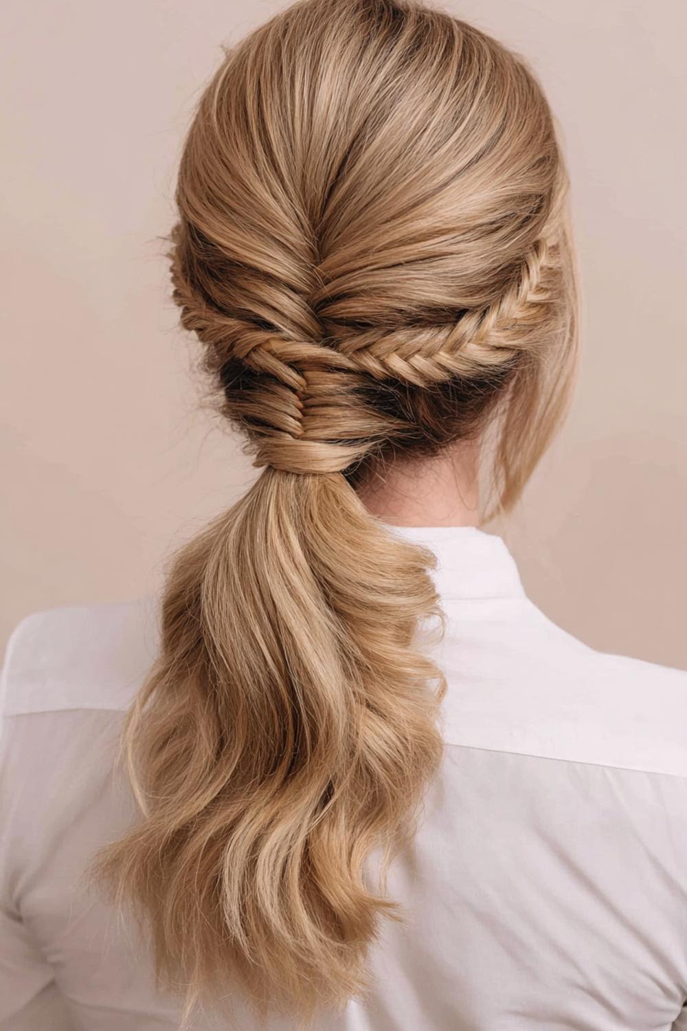 24. Neue Frisuren 2026: Geflochtener Low Ponytail mit glatter Krone