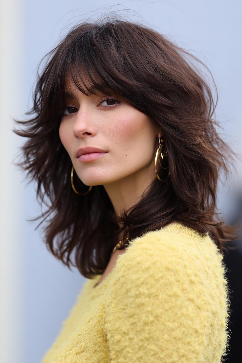 4. Neue Frisuren 2026: Soft Shag mit Curtain Bangs und Stufenspiel