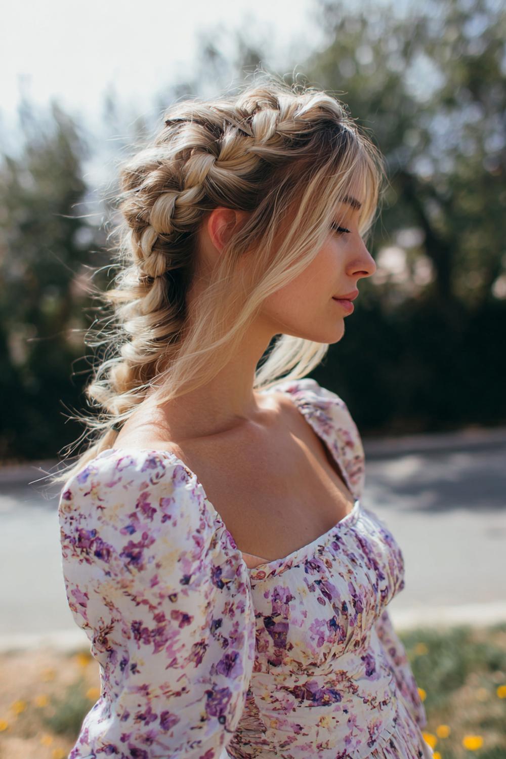 19. Pinterest Haar Inspiration 2026: Milkmaid Braids mit lockerem Scheitel und Sommerkleid