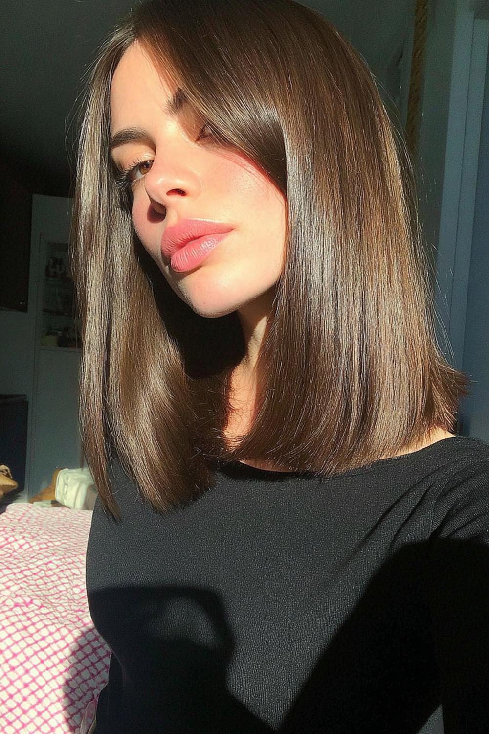 9. Pinterest Haar Inspiration 2026: Glas-Hair Lob mit gerader Kante und präzisem Seitenscheitel