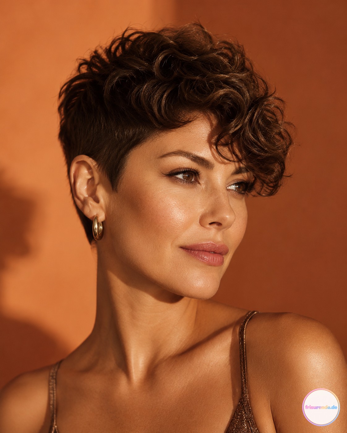 Schokobrauner Pixie Cut mit lockigem Pony bewahrt die natürliche Textur kurzer Haare