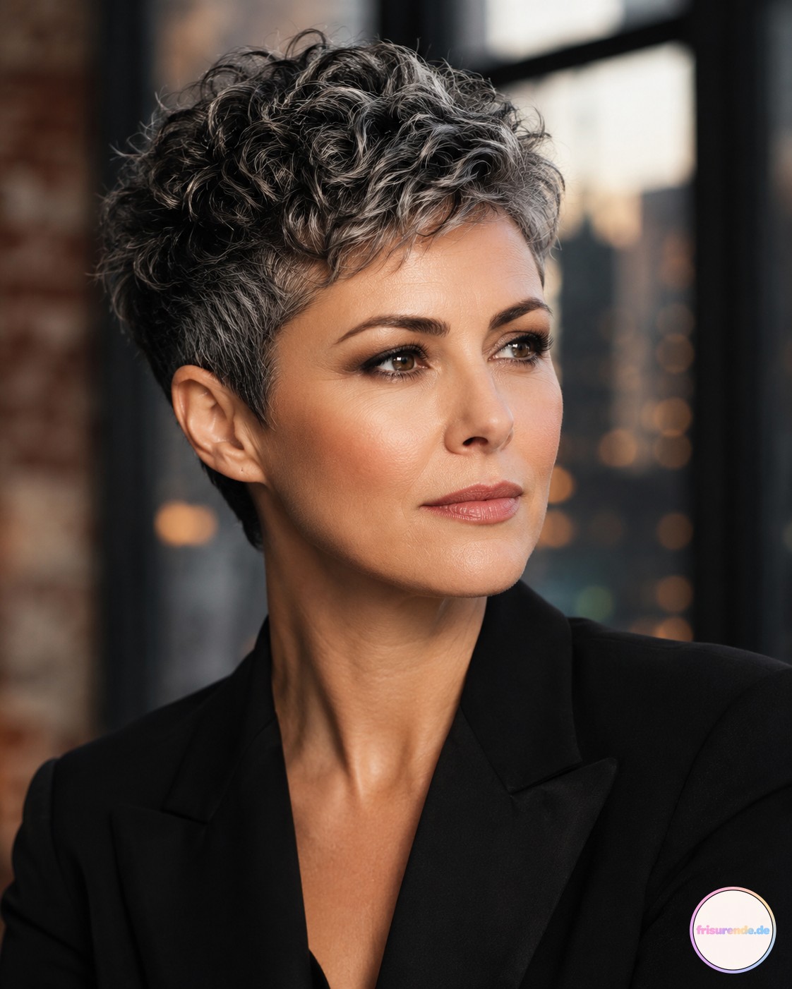 Lockiger Salt-and-Pepper-Pixie Cut mit Volumen für selbstbewusste kurze Haare im Business-Look