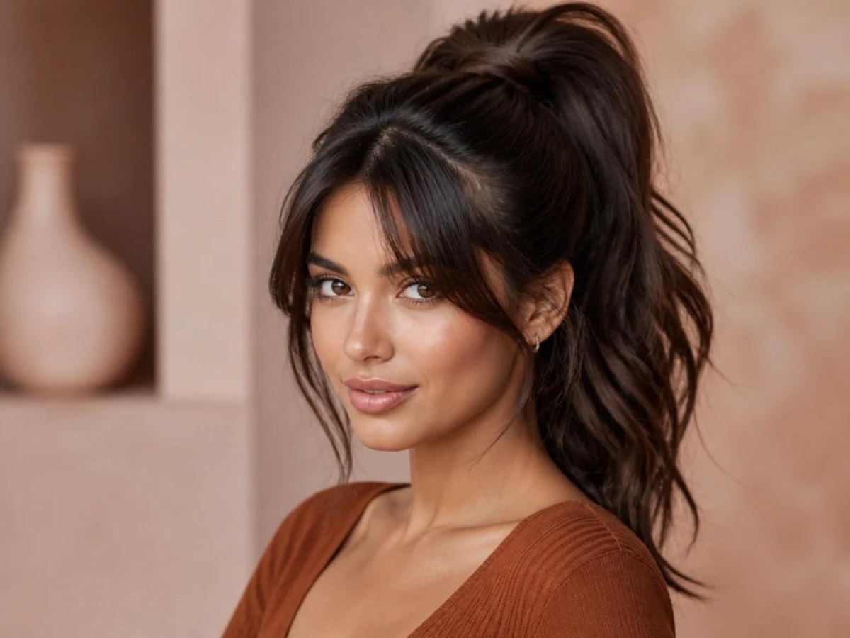 Ponytail mit seitlich fallenden Curtain Bangs