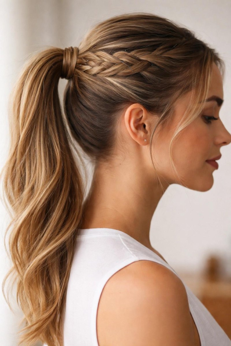 Ponytail mit kleinem seitlichem Zopf im langen Haar