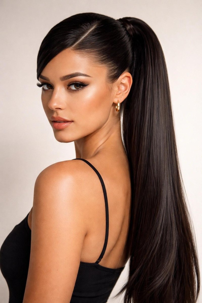Ponytail mit seitlichem Scheitel und glatt gekämmtem Ansatz