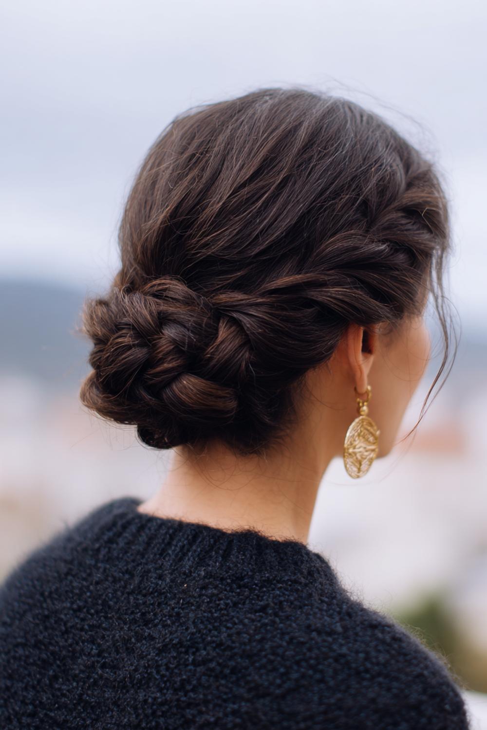 15. Low Braided Bun Frisur mit geflochtenem Dutt und ruhiger Silhouette