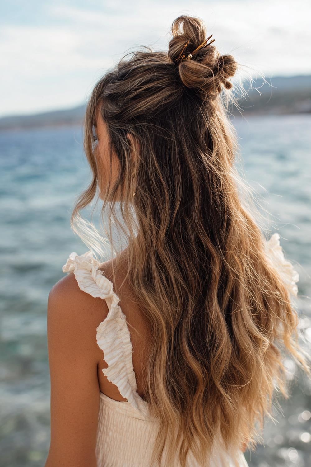 16. Schnelle Frisur: Beachy Half-up Bun mit texturierten Längen und lockerer Klammer