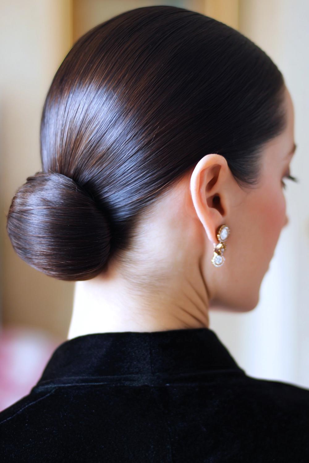 17. Sleek Tucked-Behind-Ears Frisur mit Mittelscheitel und Ohrschmuck-Fokus