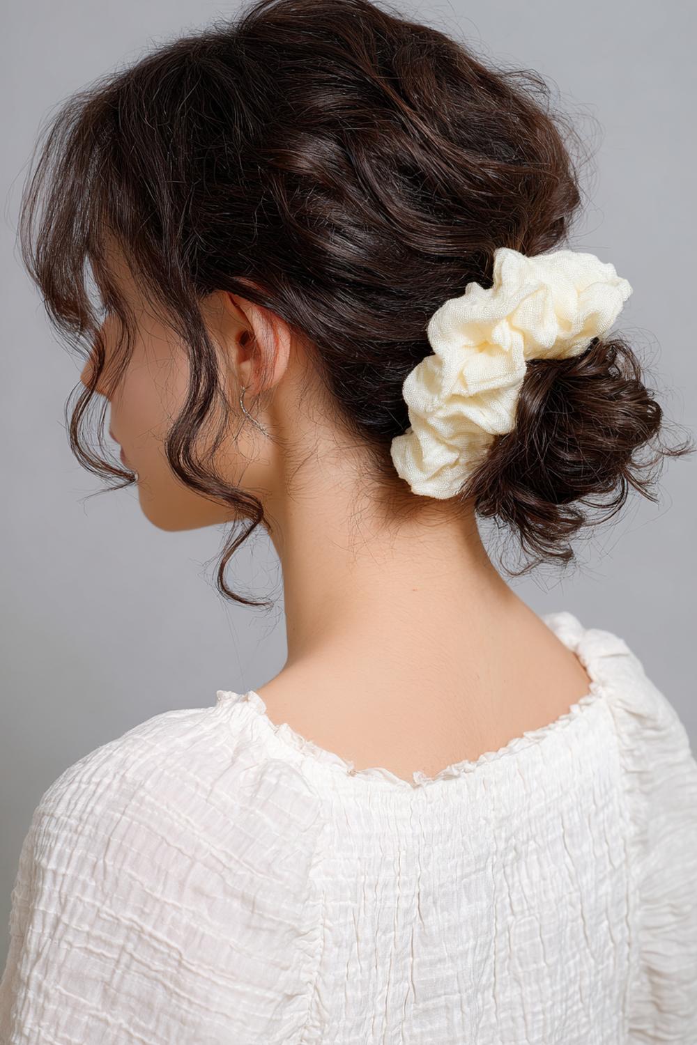 18. Texturierter Low Bun Frisur mit Scrunchie in Leinenoptik und Lockensträhnen