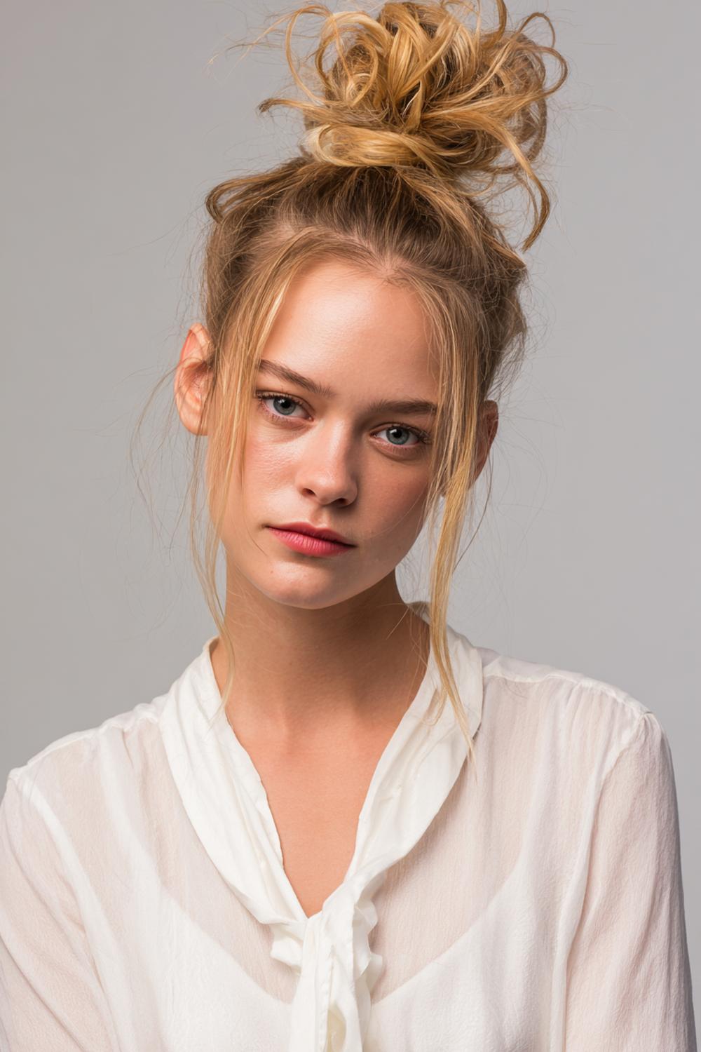 2. Schnelle Frisur: Messy Top Knot mit Texturspray und soften Face-Framing-Strähnen