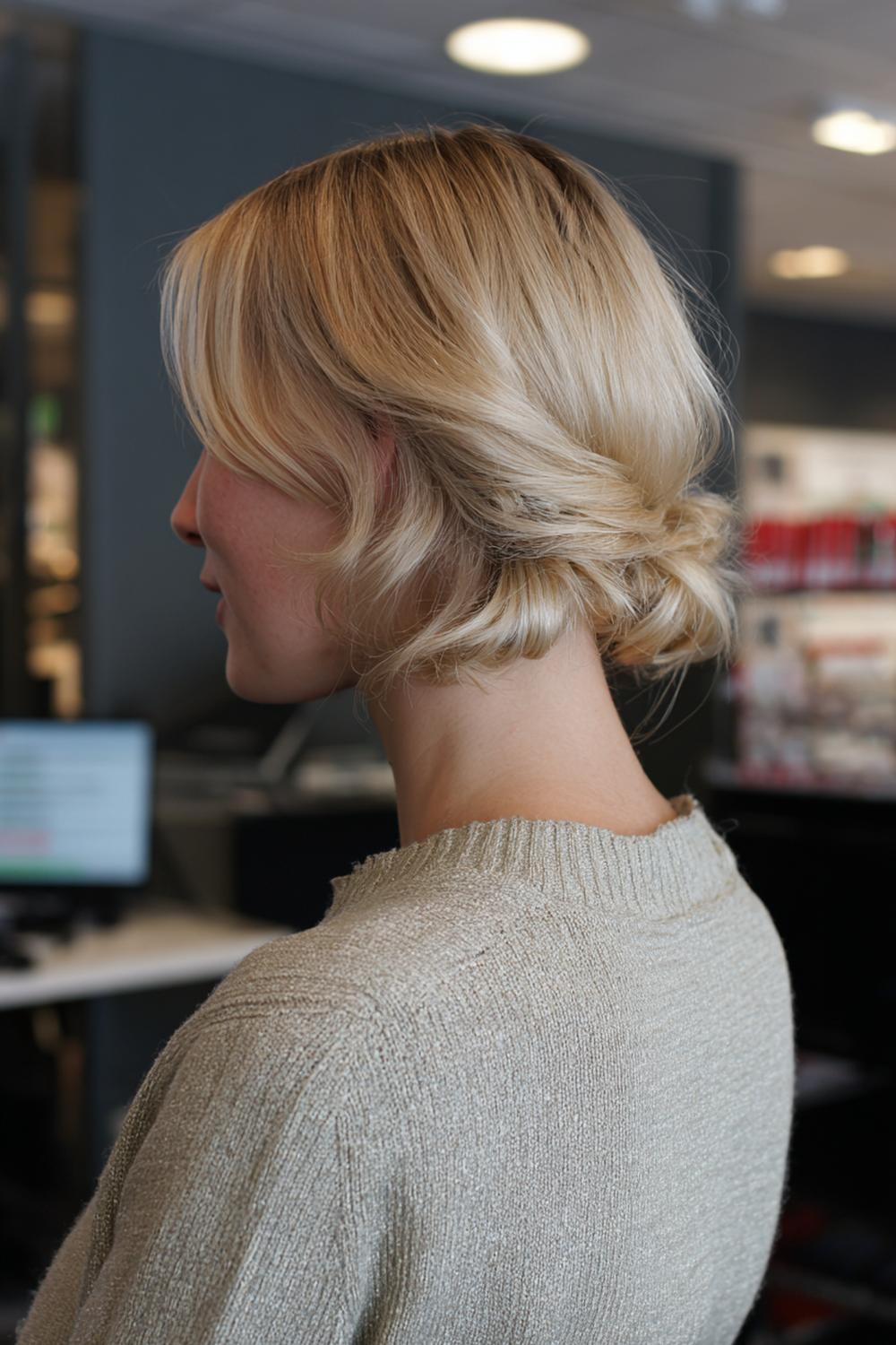 21. Schnelle Frisur: Rolled Under Bob-Illusion mit eingedrehten Spitzen und Nackenpins