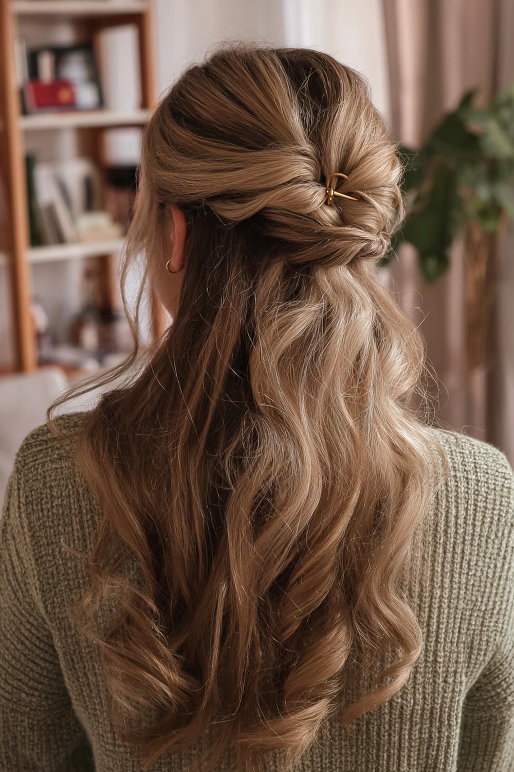 3. Half-up Claw Clip Frisur mit weich fallenden Wellen und Face-Framing