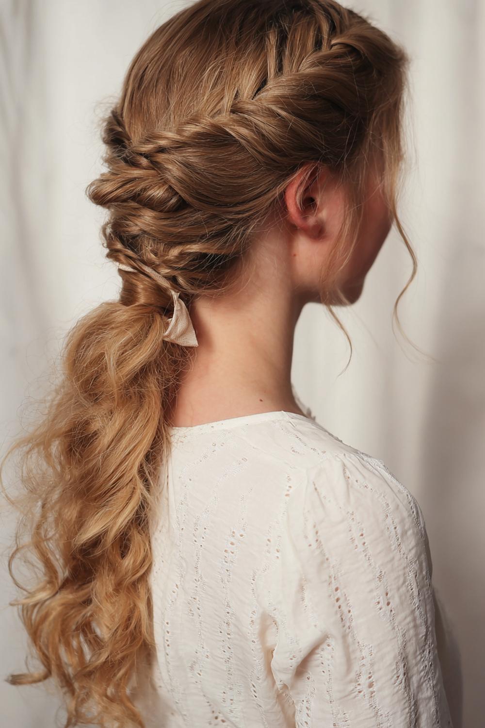 4. Geflochtener Seitenzopf Frisur mit lockerer Textur und Schleifenband