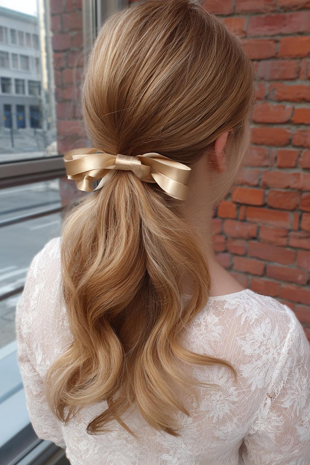 7. Schnelle Frisur: Low Ponytail mit Satinband und weichen Wellen