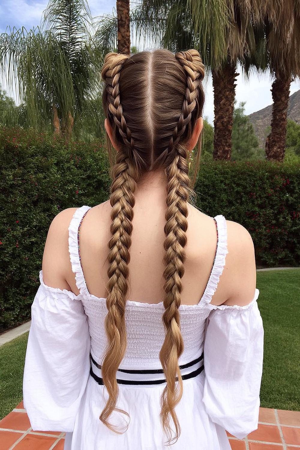 Doppelte Zöpfe mit Mittelscheitel