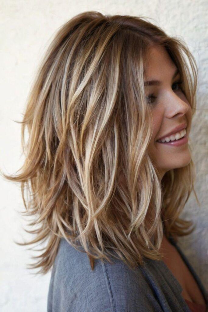 Schulterlange blonde Stufen Highlights