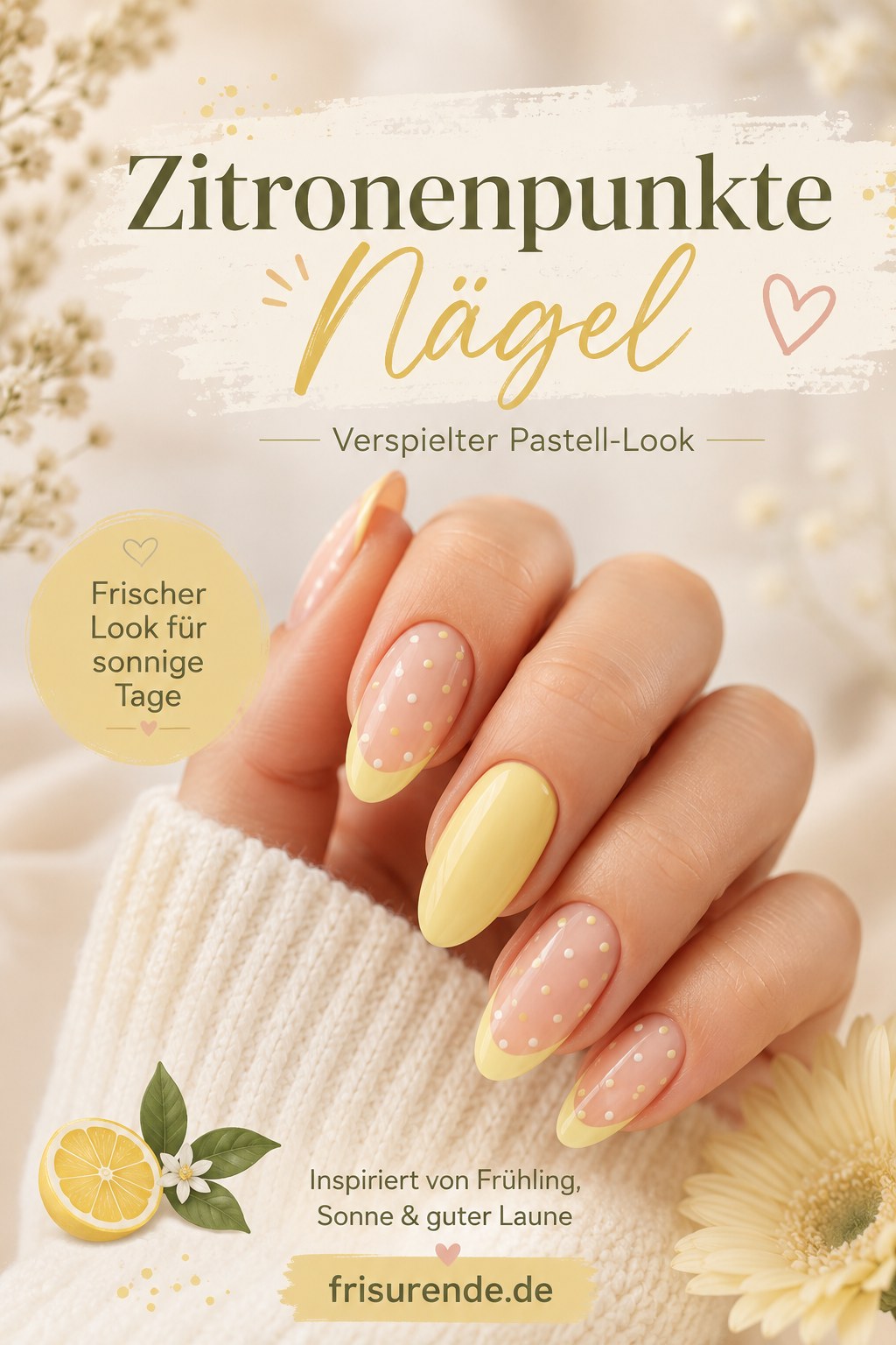 Zitronenpunkte Nägel in Pastellgelb mit kleinen Punkten wirken verspielt und passen zu vielen Sommer Nägel 2026 Looks.