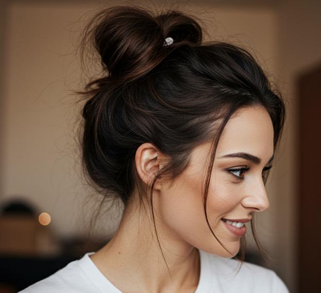 Kontrollierter hoher Messy Bun mit dunklem Haargummi