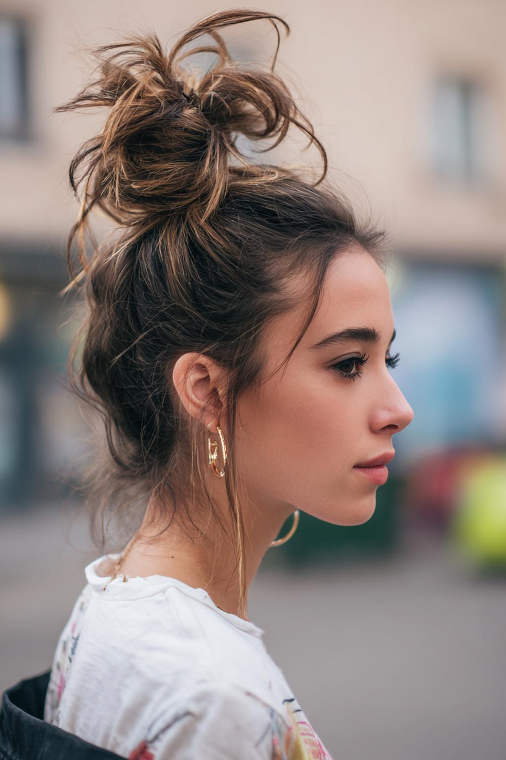 11. Trendige Haarideen 2026: Messy Bun mit Face-Framing Strähnen