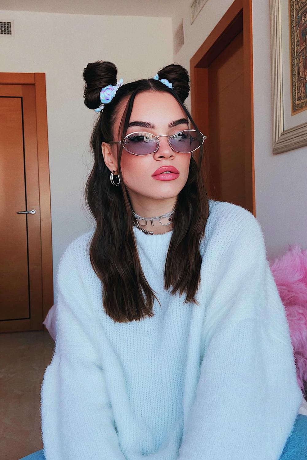 14. Trendige Haarideen 2026: Space Buns mit präzisen Mittelscheitel